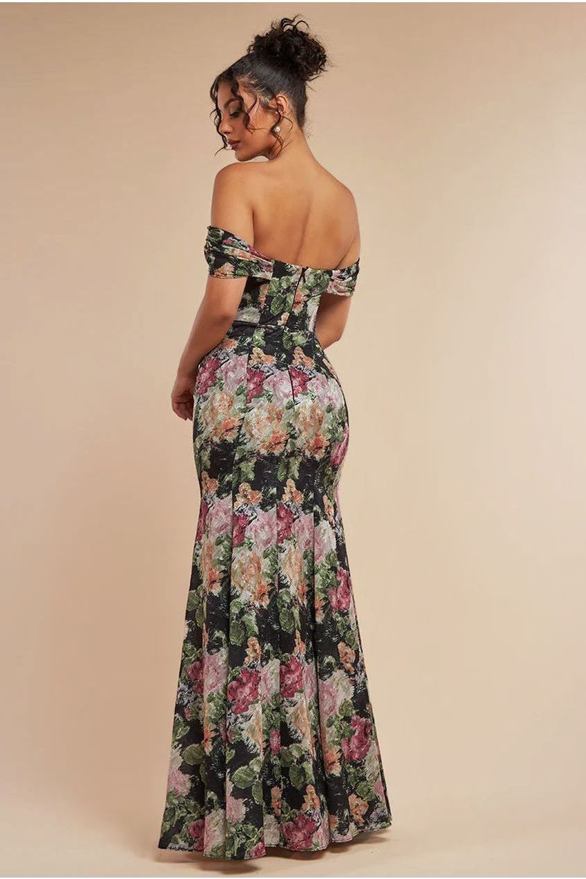 Goddiva Cowl Neck Floral Print Jacquard Chiffon Maxi Dress - Black