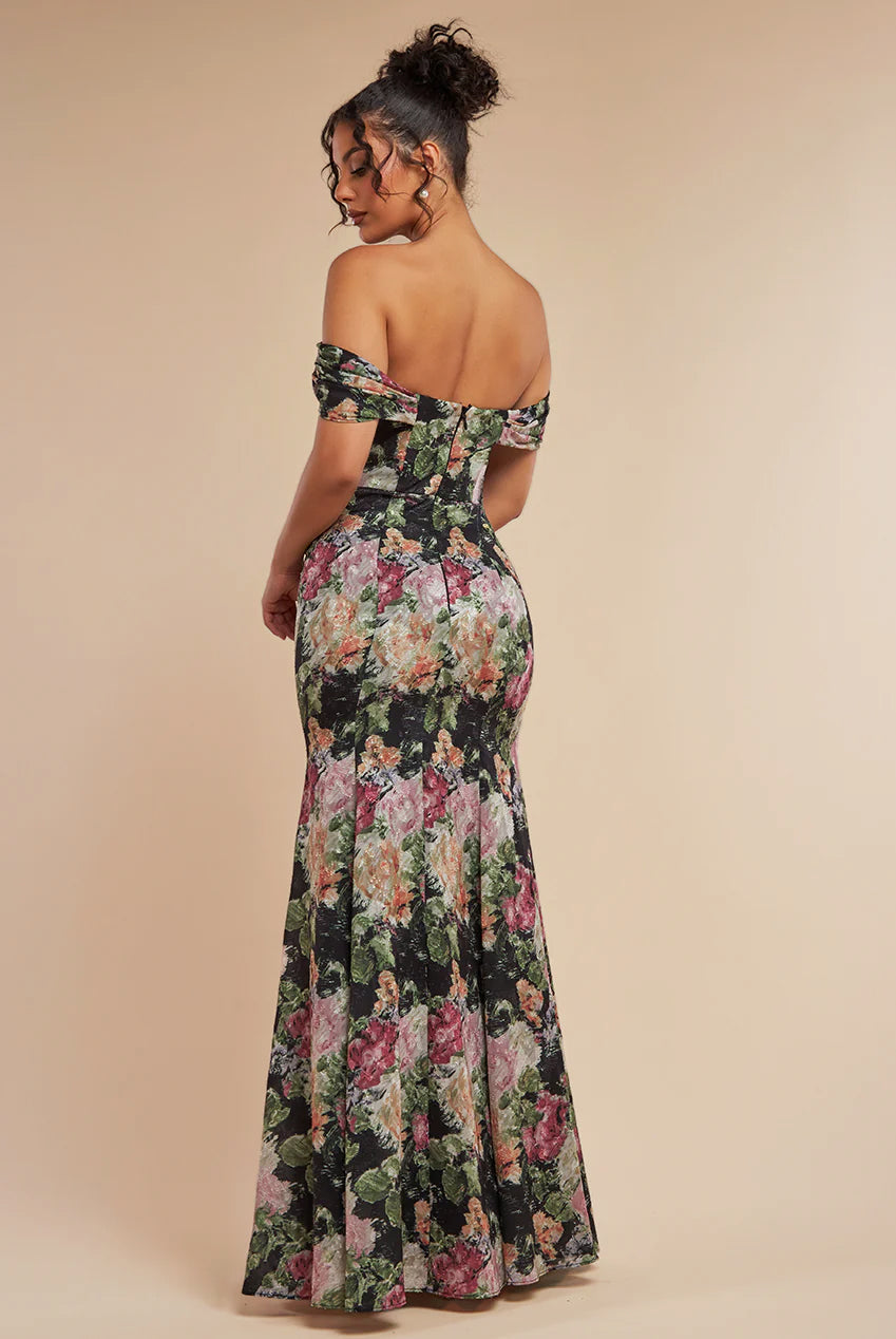 Goddiva Cowl Neck Floral Print Jacquard Chiffon Maxi Dress - Black