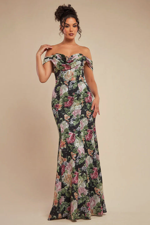 Goddiva Cowl Neck Floral Print Jacquard Chiffon Maxi Dress - Black