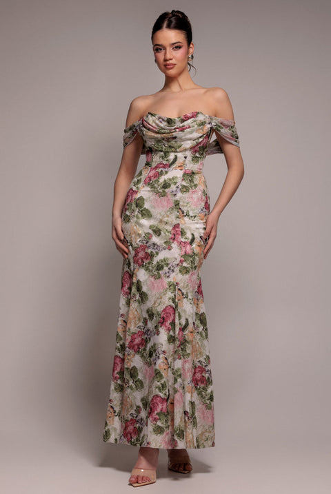 Goddiva Cowl Neck Floral Print Jacquard Chiffon Maxi Dress - Cream