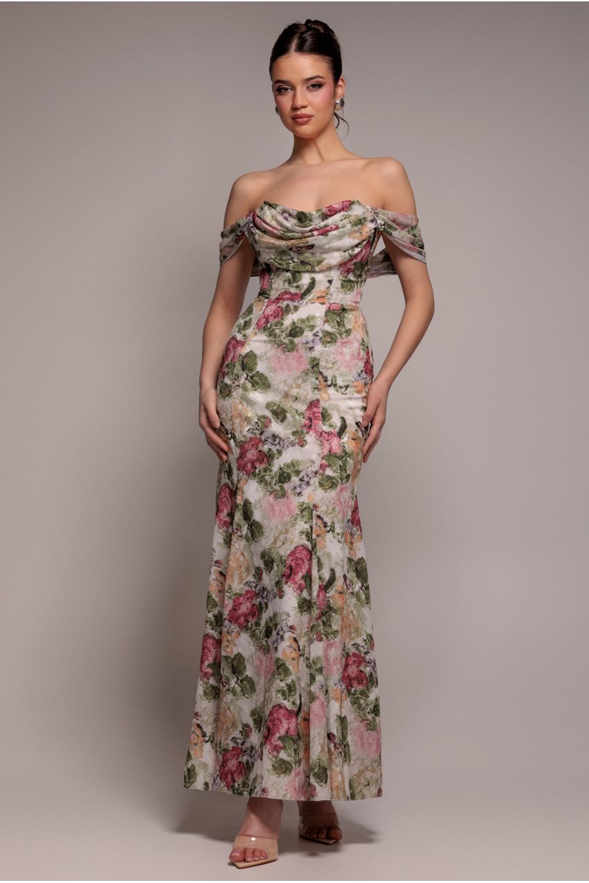 Goddiva Cowl Neck Floral Print Jacquard Chiffon Maxi Dress