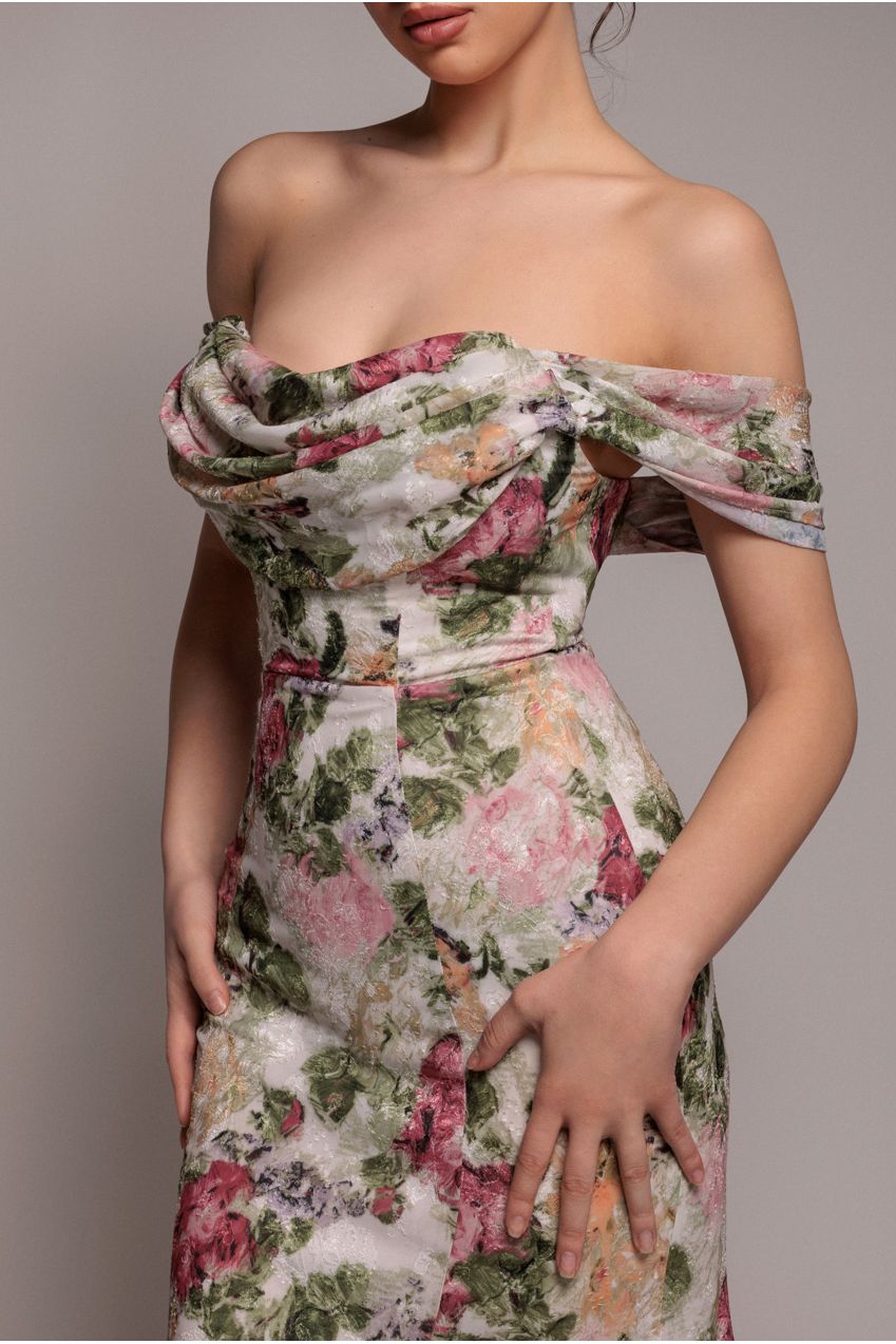 Goddiva Cowl Neck Floral Print Jacquard Chiffon Maxi Dress - Cream