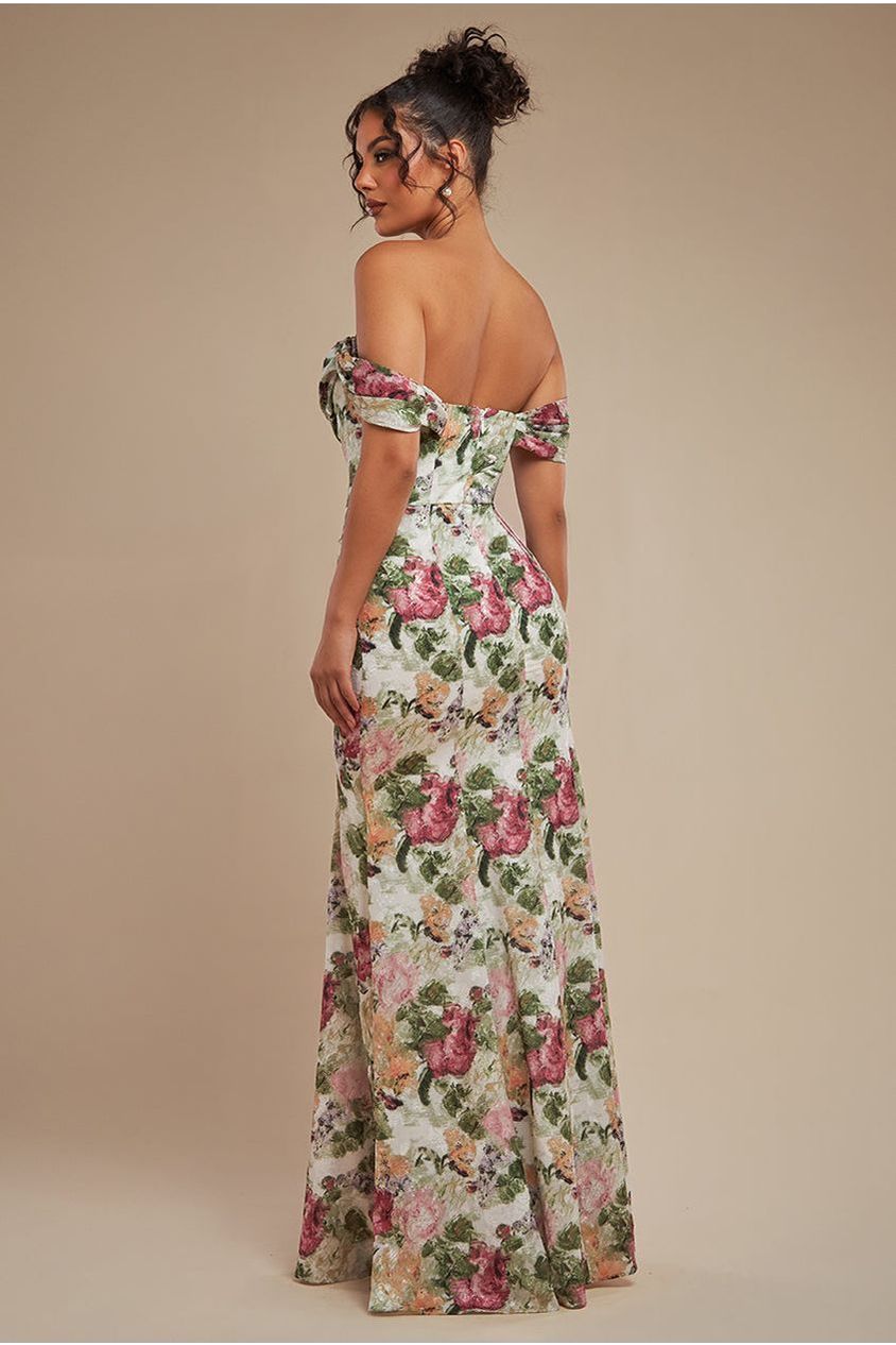 Goddiva Cowl Neck Floral Print Jacquard Chiffon Maxi Dress - Cream