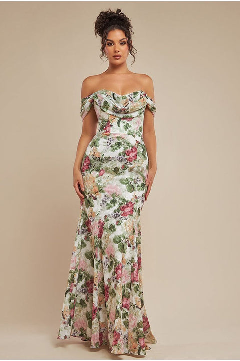 Goddiva Cowl Neck Floral Print Jacquard Chiffon Maxi Dress - Cream