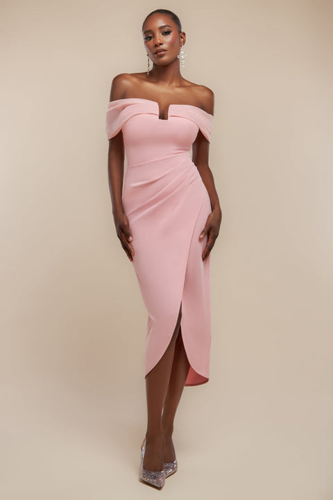 Goddiva Off The Shoulder Chiffon Wing Scuba Crepe Midi Dress - Blush Pink