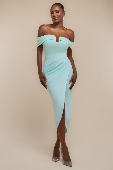 Goddiva Off The Shoulder Chiffon Wing Scuba Crepe Midi Dress - Mint Green