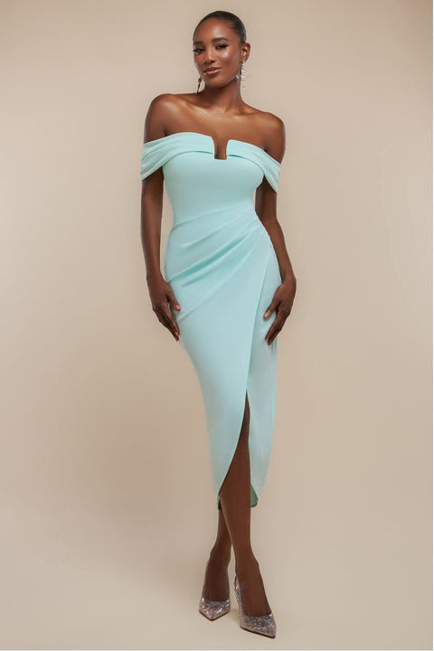 Goddiva Off The Shoulder Chiffon Wing Scuba Crepe Midi Dress - Mint Green