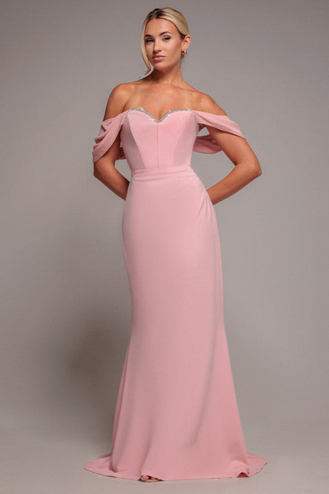 Goddiva Off The Shoulder Draped Sleeve Maxi Dress With Diamante Neckline - Blush Pink