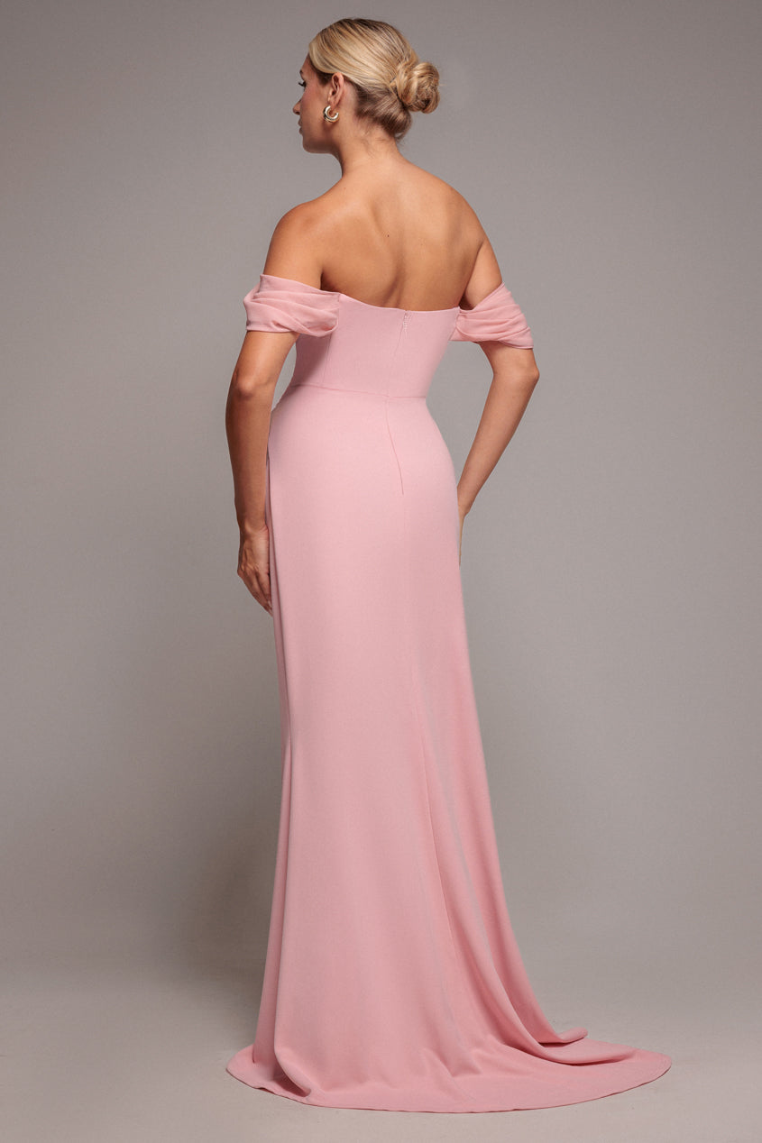 Off The Shoulder Draped Sleeve Maxi Dress With Diamante Neckline - Blush Pink | Goddiva US Off The Shoulder Draped Sleeve Maxi Dress With Diamante Neckline - Blush Pink | Goddiva US
