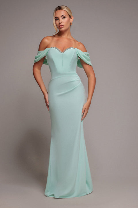 Goddiva Off The Shoulder Draped Sleeve Maxi Dress With Diamante Neckline - Mint Green