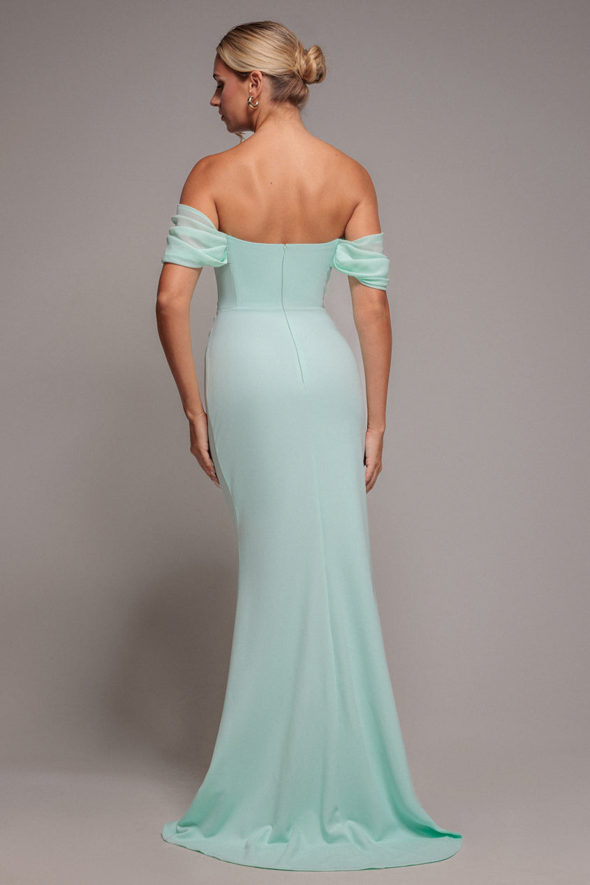 Goddiva Off The Shoulder Draped Sleeve Maxi Dress With Diamante Neckline - Mint Green