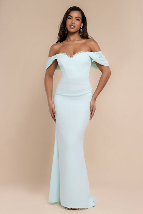 Goddiva Off The Shoulder Draped Sleeve Maxi Dress With Diamante Neckline - Mint Green