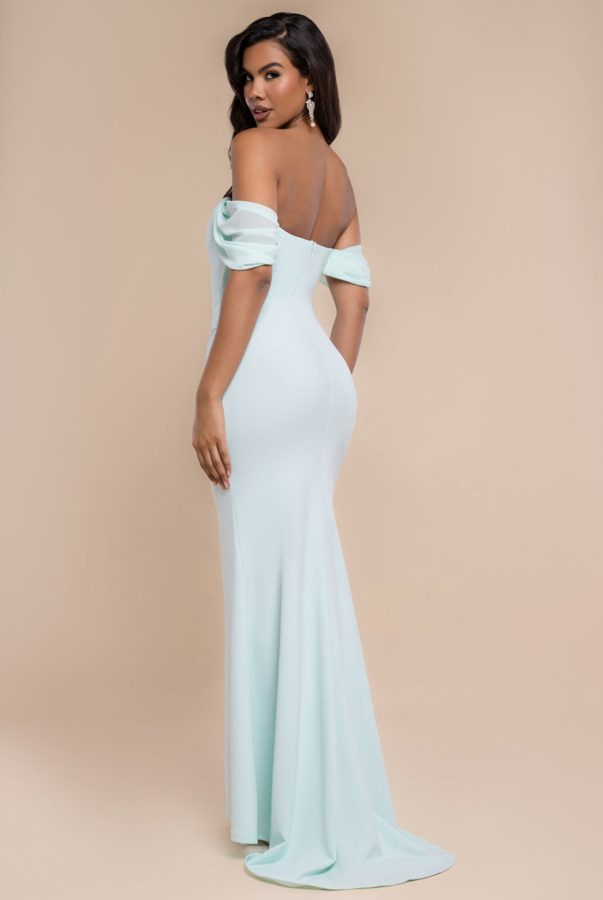 Goddiva Off The Shoulder Draped Sleeve Maxi Dress With Diamante Neckline - Mint Green