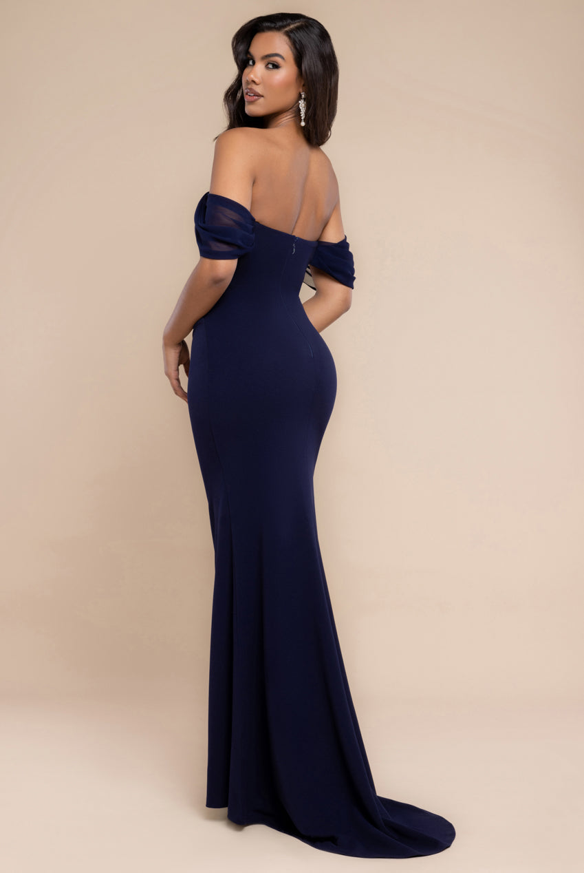 Goddiva Off The Shoulder Draped Sleeve Maxi Dress With Diamante Neckline - Navy Blue