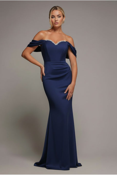 Goddiva Off The Shoulder Draped Sleeve Maxi Dress With Diamante Neckline - Navy Blue