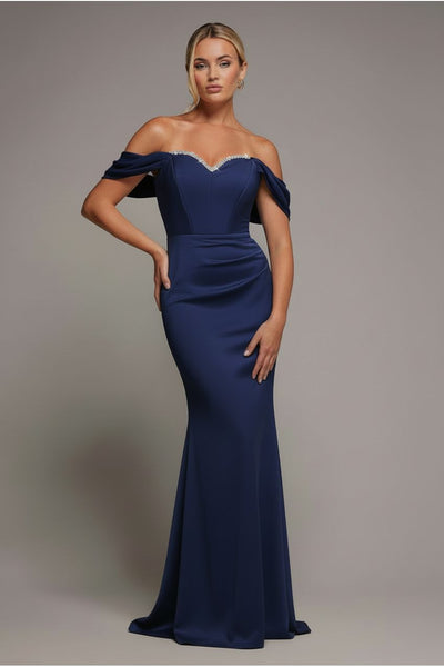 Navy - Goddiva Off The Shoulder Draped Sleeve Maxi Dress With Diamante Neckline - Navy Blue