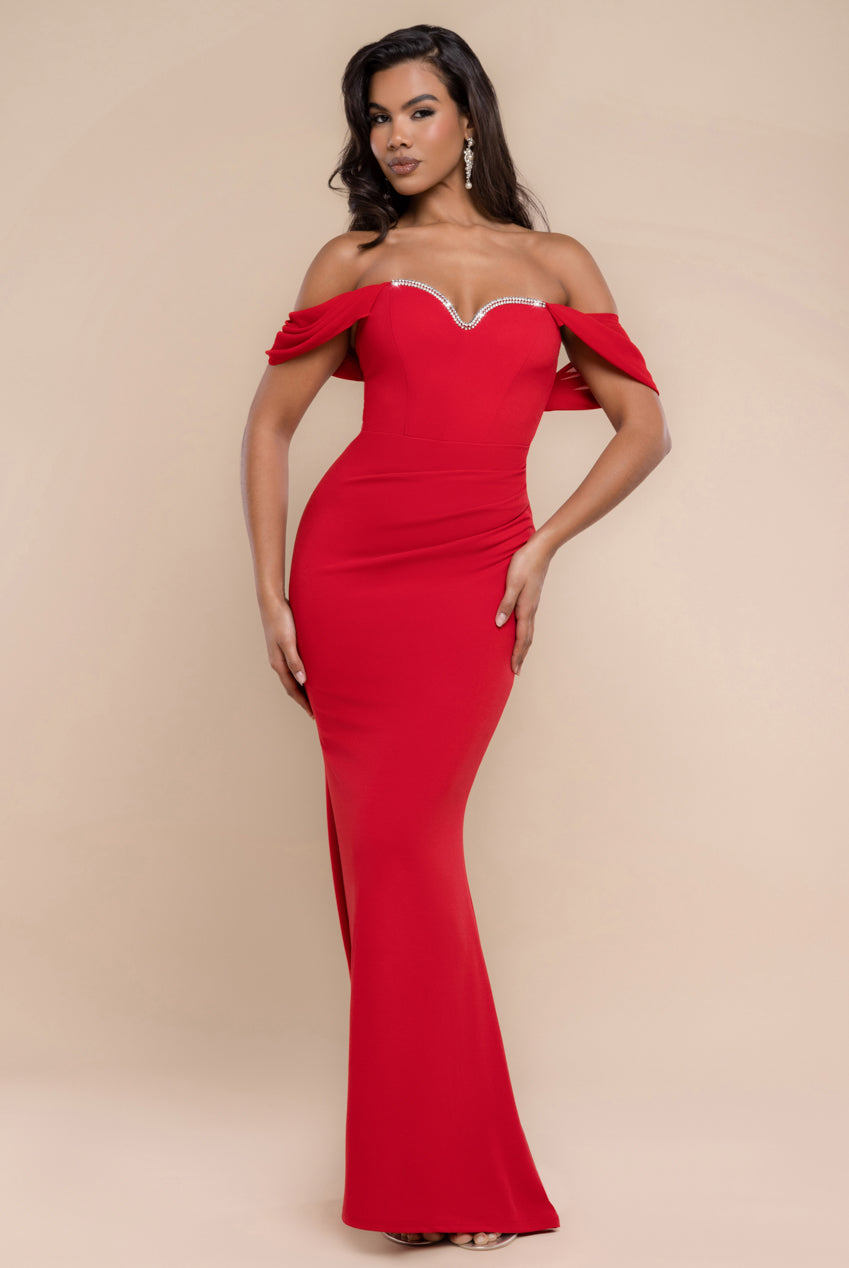 Goddiva Off The Shoulder Draped Sleeve Maxi Dress With Diamante Neckline - Red