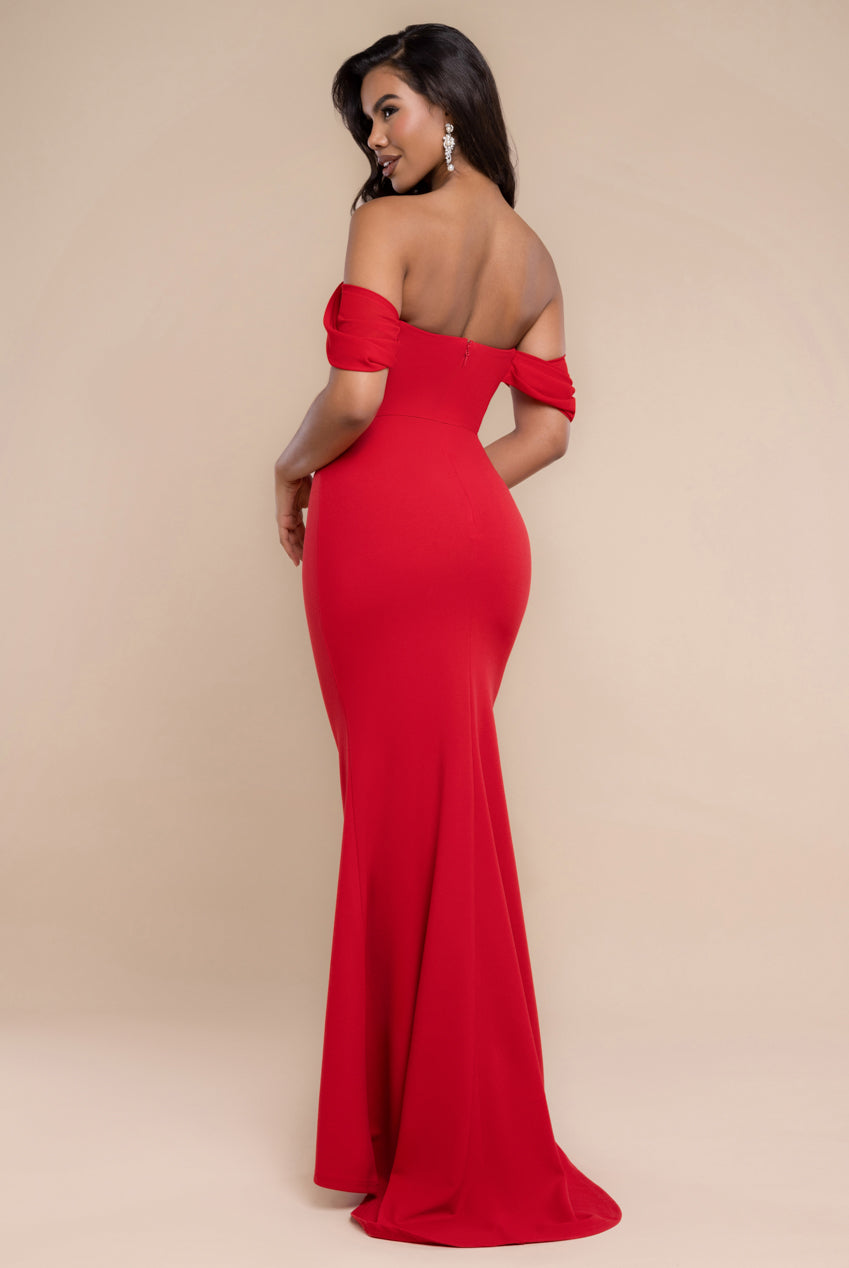 Goddiva Off The Shoulder Draped Sleeve Maxi Dress With Diamante Neckline - Red