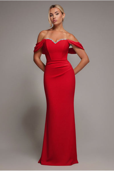 Red - Goddiva Off The Shoulder Draped Sleeve Maxi Dress With Diamante Neckline - Red