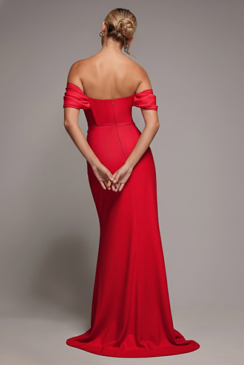 Goddiva Off The Shoulder Draped Sleeve Maxi Dress With Diamante Neckline - Red