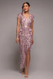 Goddiva Embroidered Sequin Tassel Front Split Midaxi Dress - Blush Pink