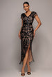 Goddiva Embroidered Sequin Tassel Front Split Midaxi Dress - Black