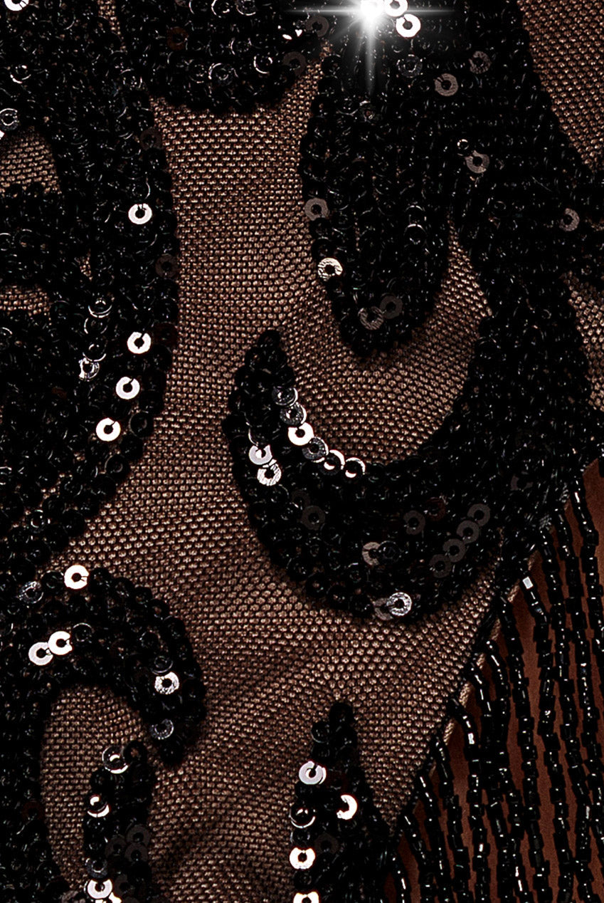 Goddiva Embroidered Sequin Tassel Front Split Midaxi Dress - Black
