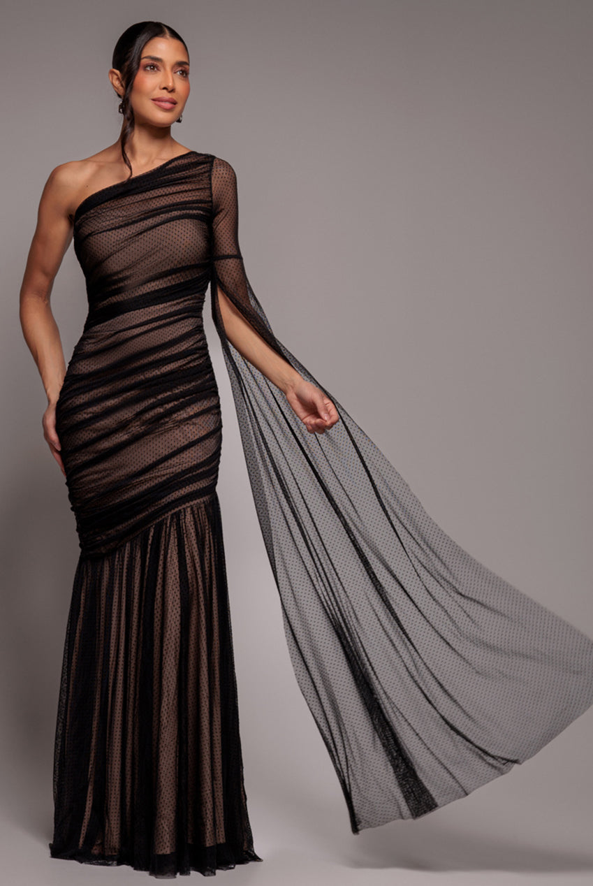 Goddiva Gathered One Sleeve Angel Wing Mermaid Maxi Dress - Black