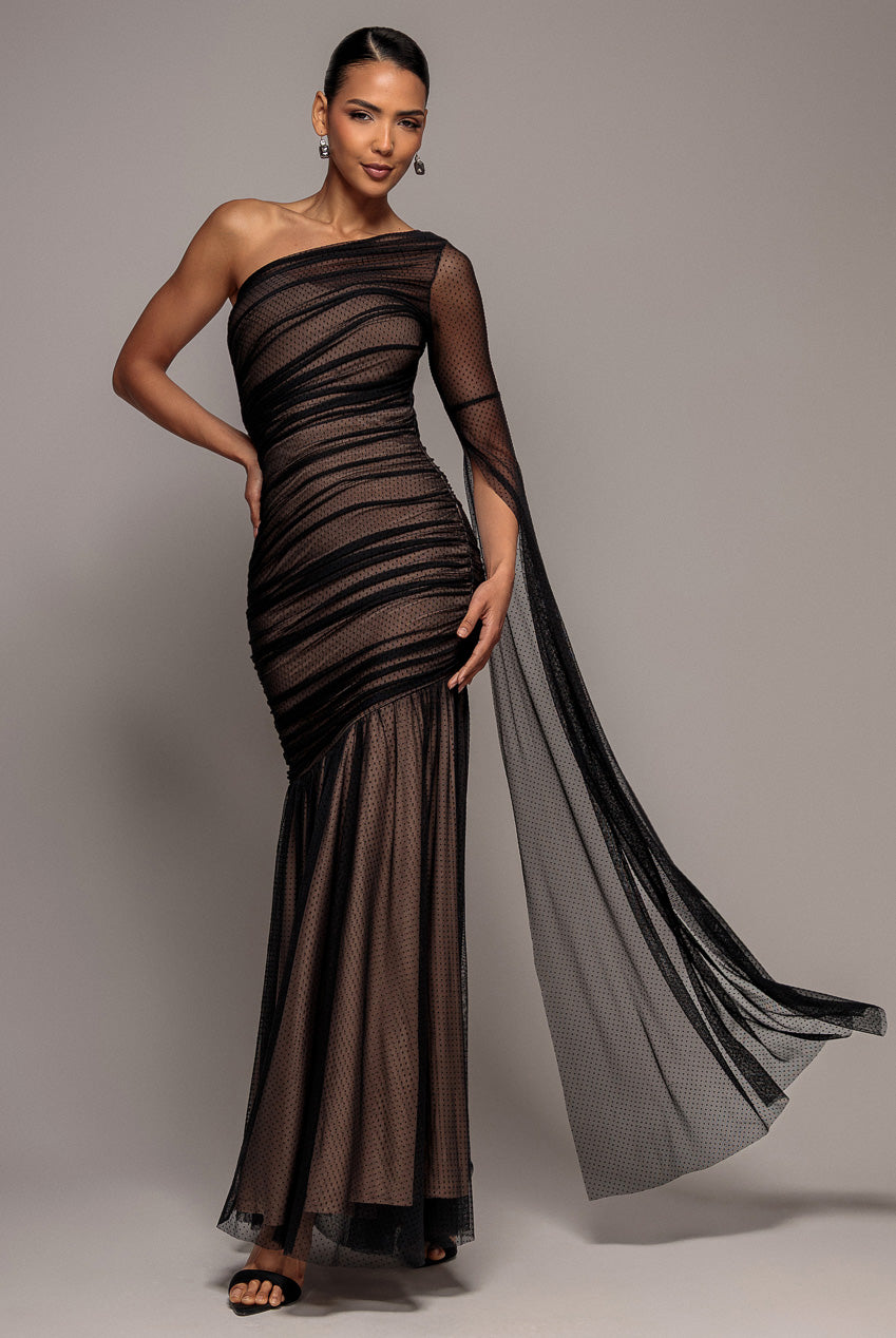 Goddiva Gathered One Sleeve Angel Wing Mermaid Maxi Dress - Black