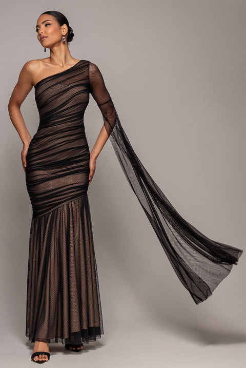 Goddiva Gathered One Sleeve Angel Wing Mermaid Maxi Dress - Black