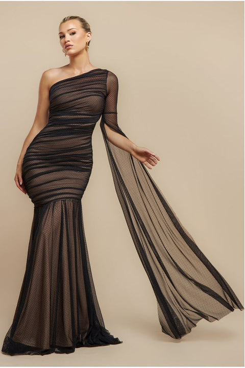 Goddiva Gathered One Sleeve Angel Wing Mermaid Maxi Dress - Black