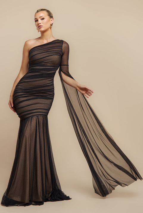 Goddiva Gathered One Sleeve Angel Wing Mermaid Maxi Dress - Black