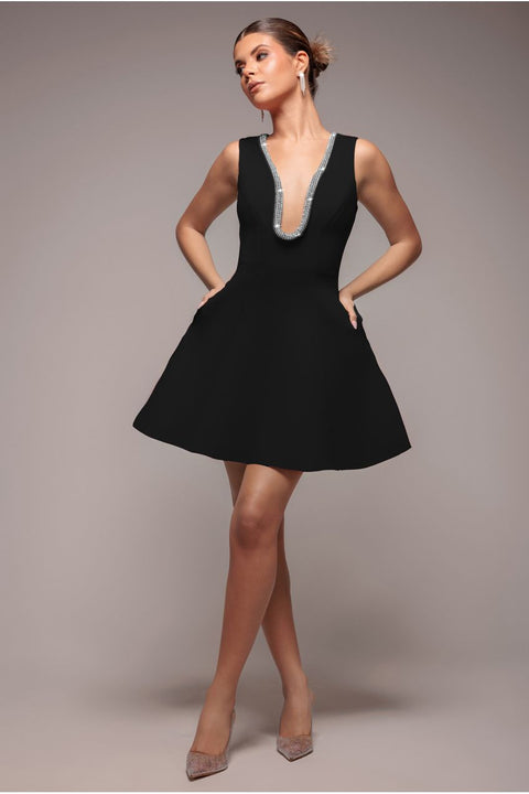 Goddiva Diamante Embellished Neck A-Line Mini Dress - Black