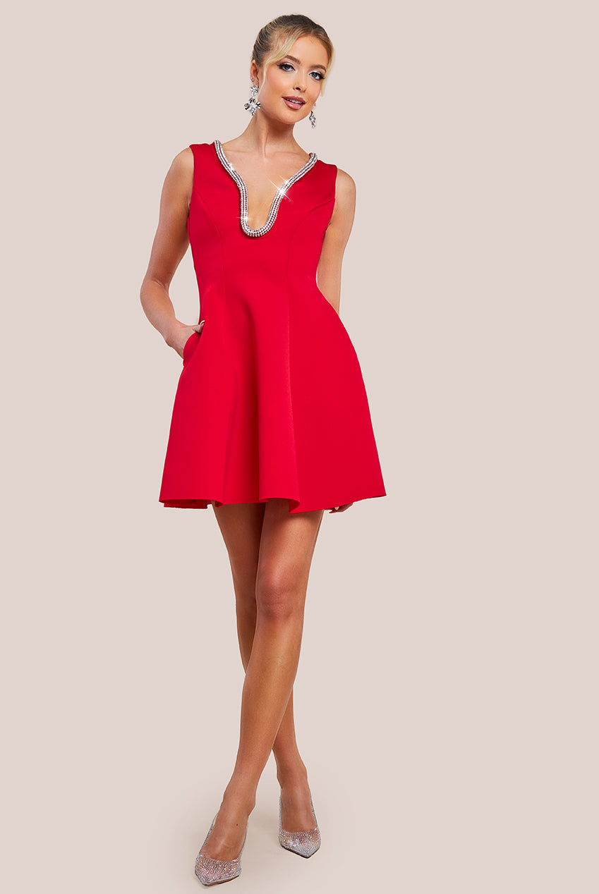 Goddiva Diamante Embellished Neck A-Line Mini Dress - Red