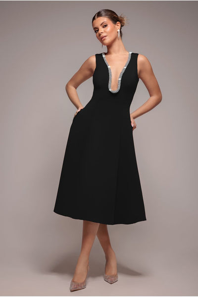 Black - Goddiva Diamante Embellished Neck A-Line Midi Dress - Black
