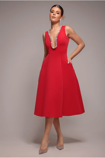 Red - Goddiva Diamante Embellished Neck A-Line Midi Dress - Red