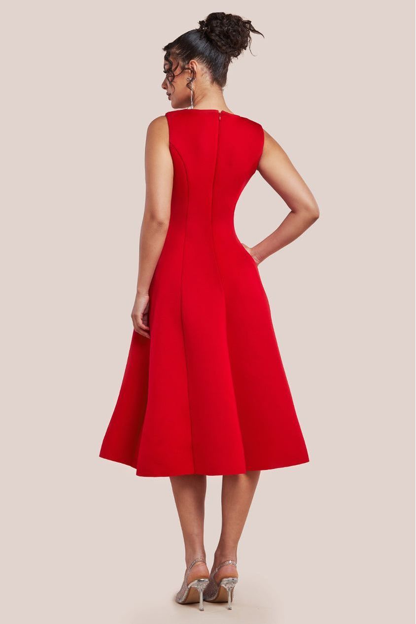 Goddiva Diamante Embellished Neck A-Line Midi Dress - Red