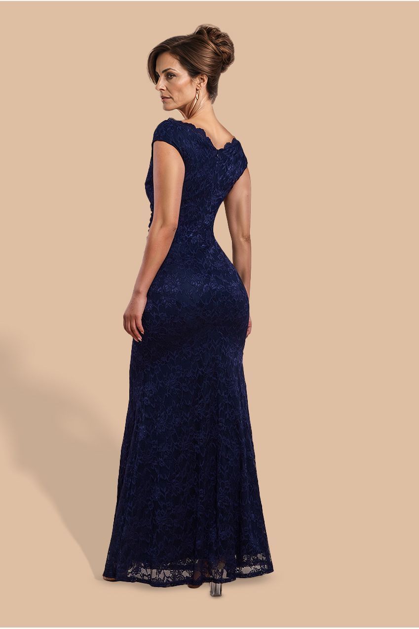 Goddiva Off The Shoulder Scalloped Neck Maxi Dress - Navy Blue