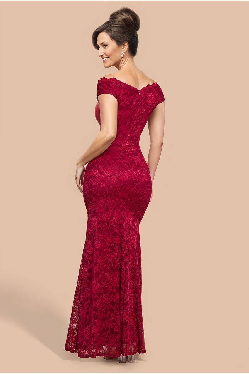 Goddiva Off The Shoulder Scalloped Neck Maxi Dress - Wine