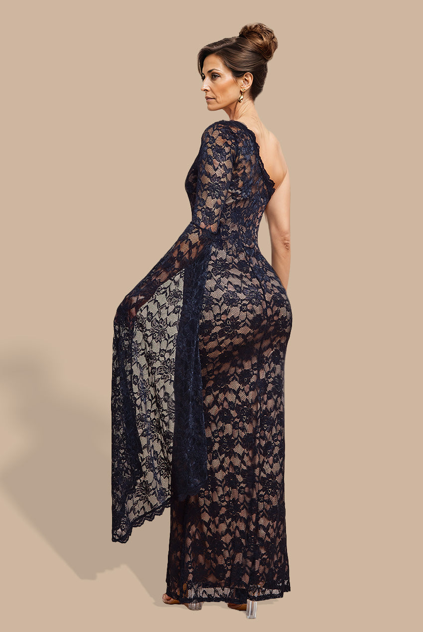 Goddiva One Shoulder Scalloped Neck Maxi Dress - Black