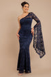Goddiva One Shoulder Scalloped Neck Maxi Dress - Navy Blue