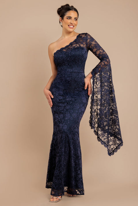 Goddiva One Shoulder Scalloped Neck Maxi Dress - Navy Blue