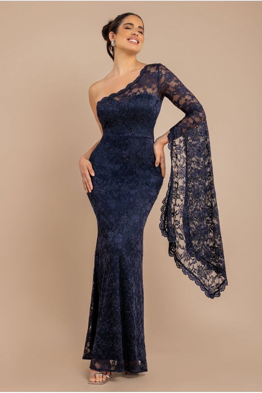 Goddiva One Shoulder Scalloped Neck Maxi Dress - Navy Blue