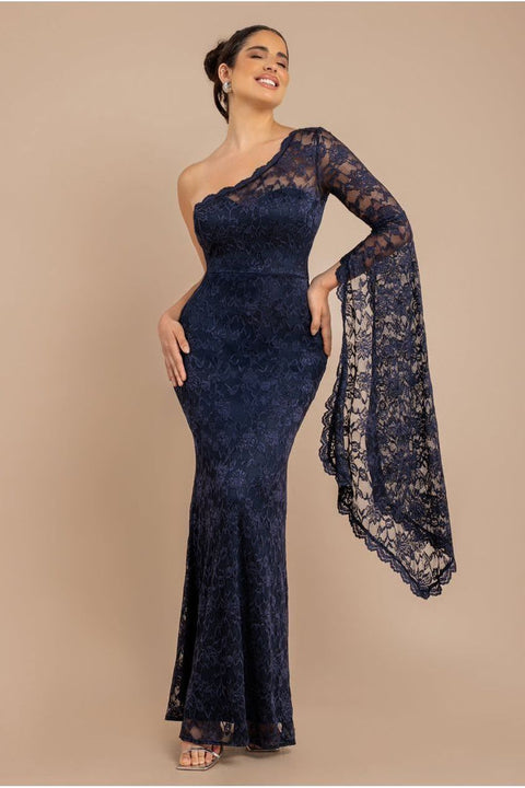 Goddiva One Shoulder Scalloped Neck Maxi Dress - Navy Blue