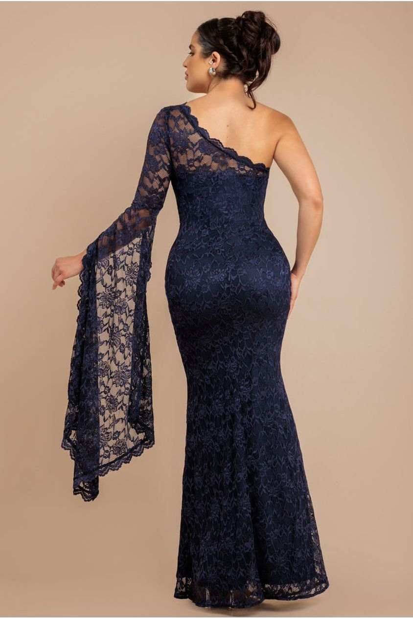 Goddiva One Shoulder Scalloped Neck Maxi Dress - Navy Blue