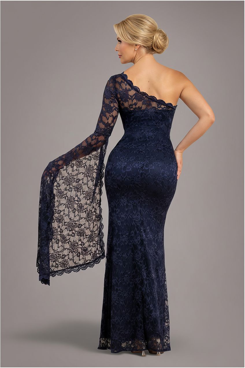 Goddiva One Shoulder Scalloped Neck Maxi Dress - Navy Blue
