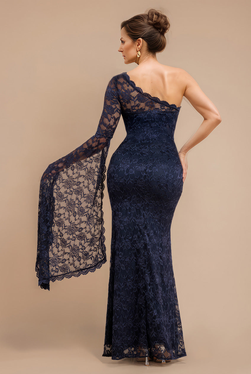 Goddiva One Shoulder Scalloped Neck Maxi Dress - Navy Blue