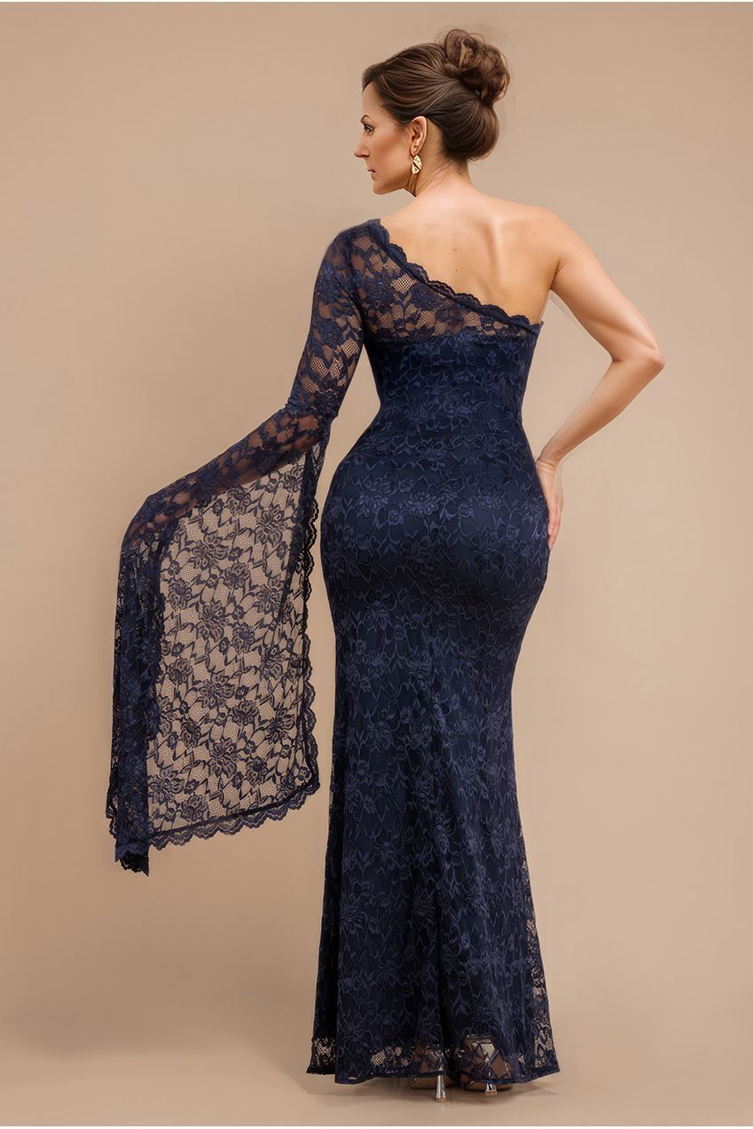 Goddiva One Shoulder Scalloped Neck Maxi Dress - Navy Blue