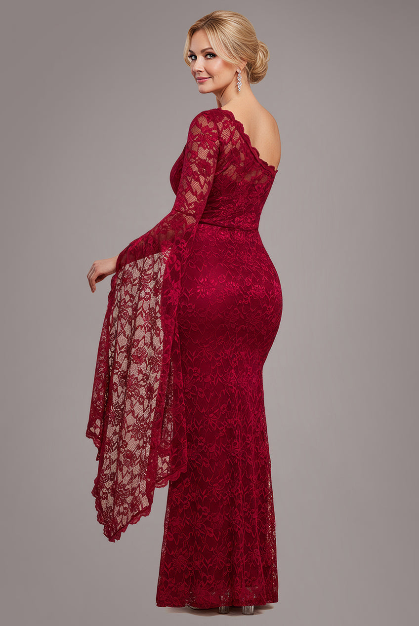 Goddiva One Shoulder Scalloped Neck Maxi Dress - Wine