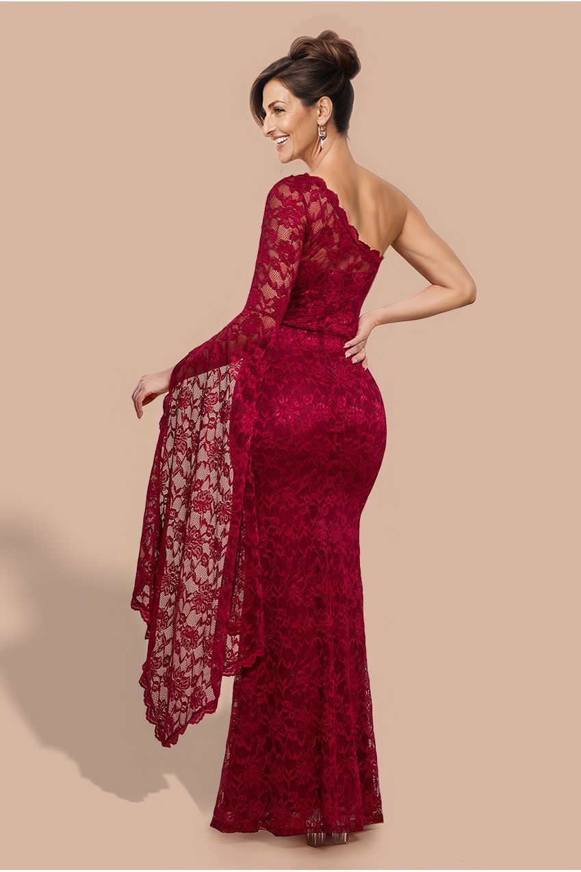Goddiva One Shoulder Scalloped Neck Maxi Dress - Wine